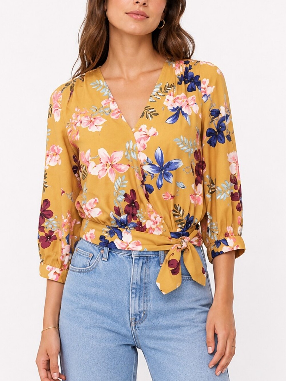 Japna Floral mustard yellow wrap top blouse small